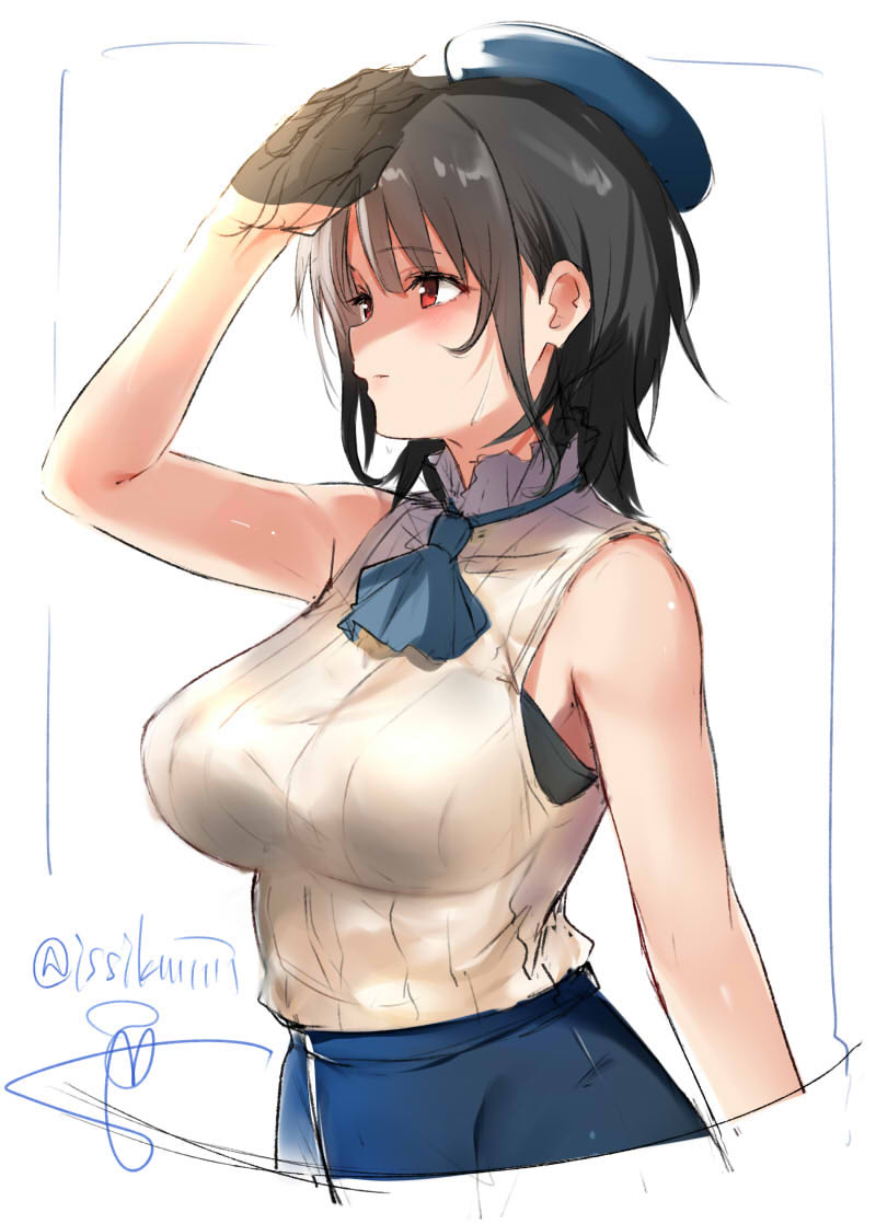 10s 1girl adapted_costume bare_arms beret black_bra black_gloves black_hair blue_hat blue_skirt bra breasts closed_mouth dated dress gloves hat isshiki_(ffmania7) kantai_collection large_breasts looking_to_the_side purple_neckerchief red_eyes short_hair sketch skirt solo takao_(kantai_collection) twitter_username underwear upper_body white_dress