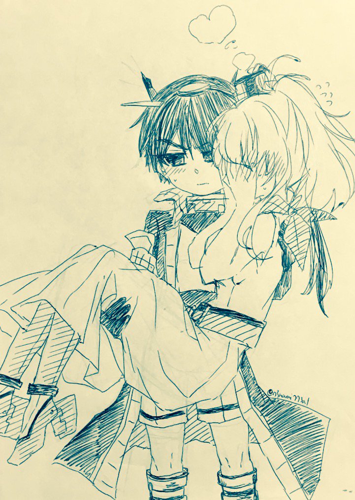 10s 1boy 1girl belt blush bodysuit carrying choker closed_mouth coat covering_face cowboy_shot dress eyebrows_visible_through_hair female flying_sweatdrops genderswap genderswap_(ftm) hair_between_eyes headgear kantai_collection long_hair male monochrome nagato_(kantai_collection) nami_nami_(belphegor-5812) princess_carry remodel_(kantai_collection) rudder_shoes saratoga_(kantai_collection) scarf shorts shota side_ponytail sleeveless sleeveless_dress smoke smokestack sweatdrop traditional_media twitter_username younger