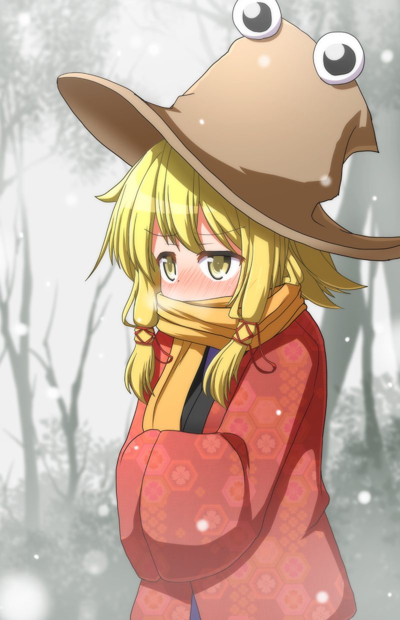 1girl bare_tree blonde_hair blurry blush coat cowboy_shot day depth_of_field floral_print full-face_blush hair_ribbon hands_in_sleeves hat highres looking_to_the_side moriya_suwako outdoors ribbon scarf scarf_over_mouth short_hair sidelocks snowing solo teoi_(good_chaos) touhou tree unmoving_pattern winter yellow_eyes