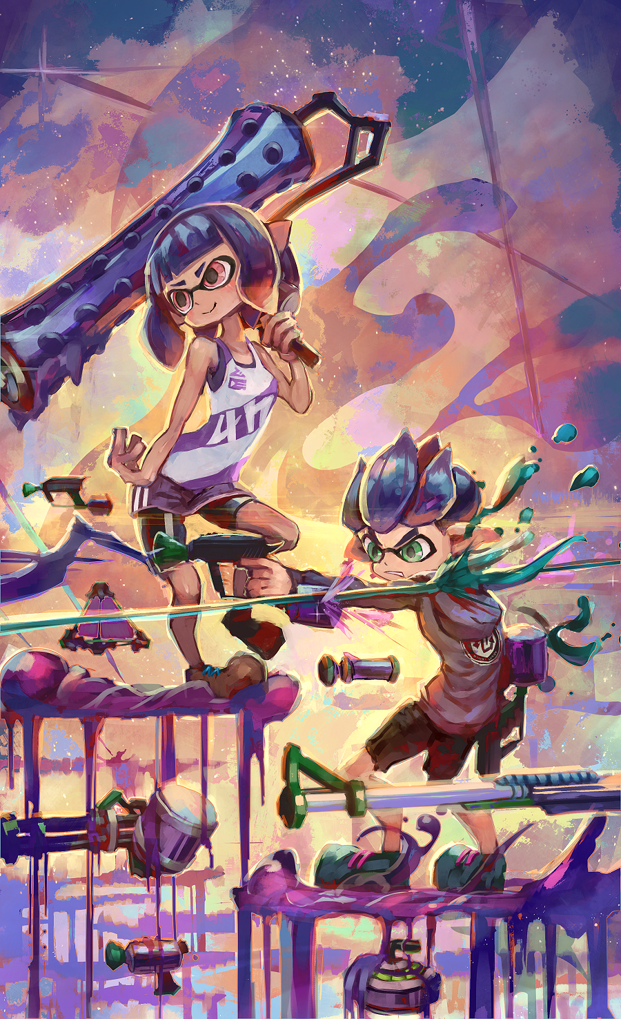 &gt;:( 1boy 1girl arm_at_side backlighting bangs bare_arms bare_shoulders black_shorts blunt_bangs camisole domino_mask eyebrows fighting_stance full_body green_eyes hand_up highres holding holding_weapon hood hood_down hoodie inkling long_sleeves looking_afar mask outstretched_arm over_shoulder paint_splatter parted_lips pointy_ears purple_hair red_eyes shiimo shoes short short_hair shorts single_vertical_stripe sky smile sneakers spiky_hair splatoon splatoon_2 squid standing star_(sky) starry_sky tentacle_hair twilight weapon weapon_over_shoulder