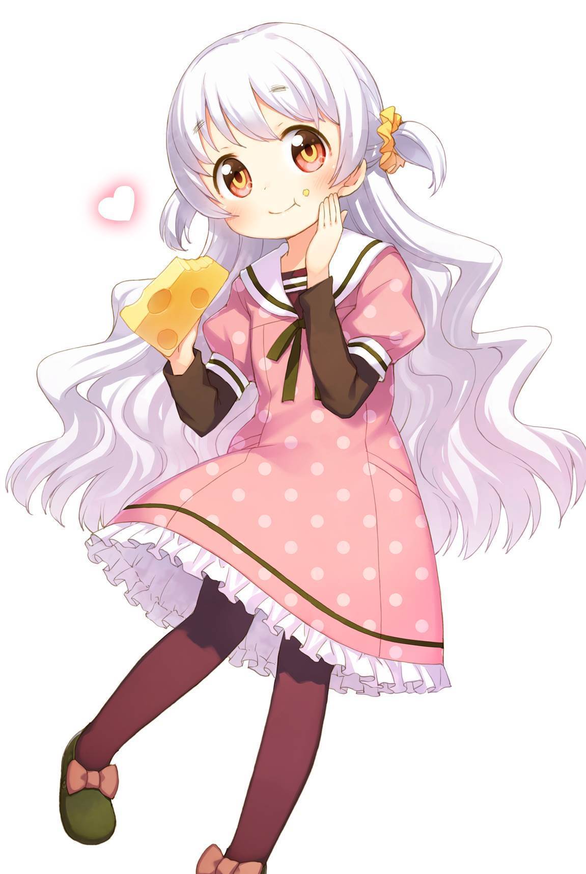 1girl :t artist_request cheese dress eating food food_in_mouth food_on_face heart highres long_hair looking_at_viewer mahou_shoujo_madoka_magica mahou_shoujo_madoka_magica_movie momoe_nagisa multicolored multicolored_eyes pantyhose polka_dot polka_dot_dress ringed_eyes sailor_dress shoes simple_background smile solo two_side_up uchi_no_hime-sama_ga_ichiban_kawaii white_background white_hair