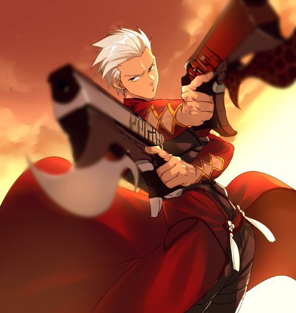 1boy archer coat dark_skin dark_skinned_male dual_wielding fate/grand_order fate_(series) gun handgun kanshou_&amp;_bakuya looking_at_viewer pistol pose red_coat short_hair weapon white_hair yellow_eyes