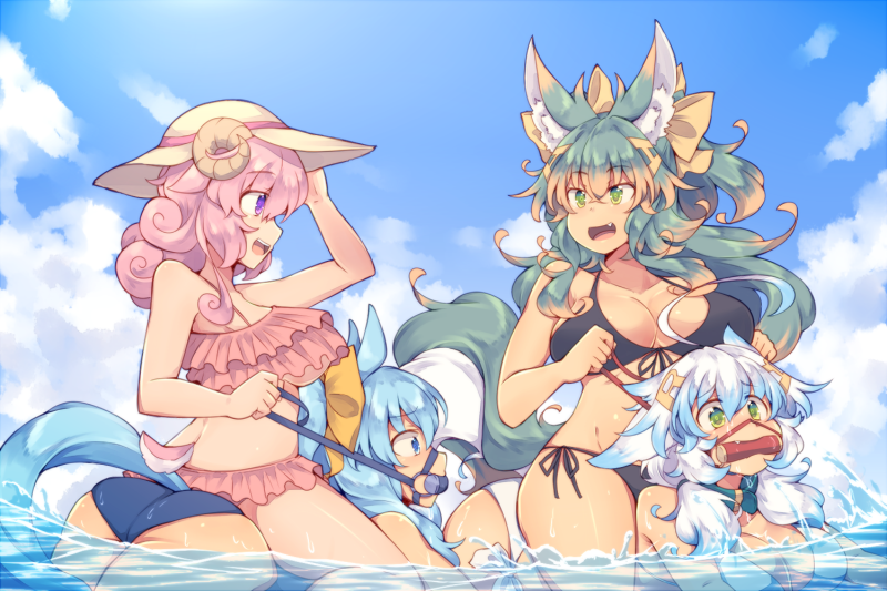 4girls bikini black_bikini blue_eyes blue_hair breasts brown_hair frilled_bikini frills green_eyes hat horns kuromiya kuromiya_raika kuzakura_mika large_breasts long_hair multicolored_hair multiple_girls open_mouth original pink_hair pony_play riding shiromiya_asuka short_hair sitting sitting_on_person souma_ren swimsuit tail two-tone_hair violet_eyes water white_bikini white_hair