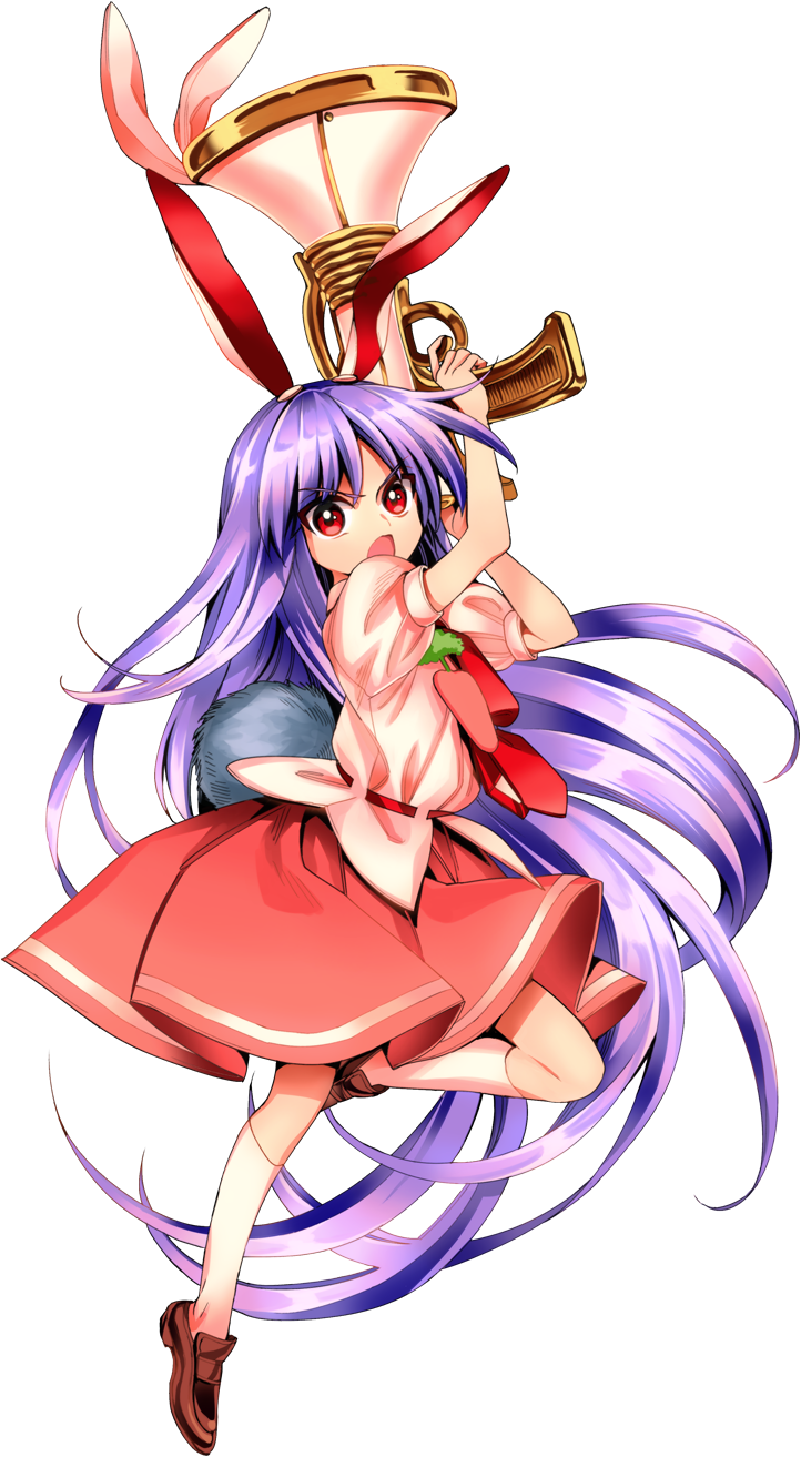 1girl absurdly_long_hair animal_ears blouse brown_shoes bunny_tail carrot full_body harukawa_moe highres holding holding_weapon kneehighs loafers long_hair looking_at_viewer lunatic_gun necktie official_art open_mouth pink_skirt puffy_sleeves purple_hair rabbit_ears red_eyes red_necktie reisen_udongein_inaba shoes short_sleeves skirt solo tail touhou transparent_background urban_legend_in_limbo very_long_hair weapon white_legwear