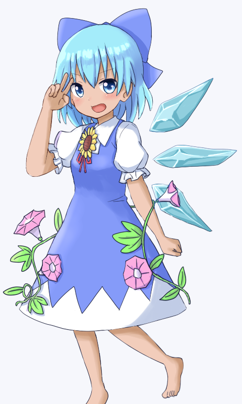 1girl barefoot blue_eyes blue_hair cirno clenched_hand dadamori flower folded_leg full_body hair_ribbon hand_to_forehead looking_at_viewer morning_glory open_mouth puffy_short_sleeves puffy_sleeves ribbon short_hair short_sleeves simple_background solo standing sunflower tan tanned_cirno touhou v white_background wings