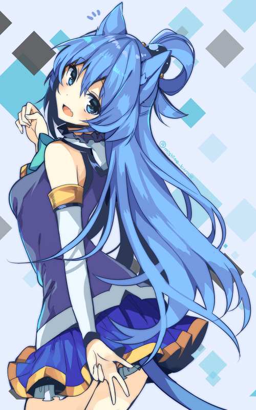 1girl animal_ears aqua_(konosuba) blue_eyes blue_hair blush breasts cat_ears cat_tail detached_sleeves hair_rings kono_subarashii_sekai_ni_shukufuku_wo! long_hair looking_back medium_breasts microskirt mishima_kurone official_art open_mouth skirt smile solo tail thigh-highs