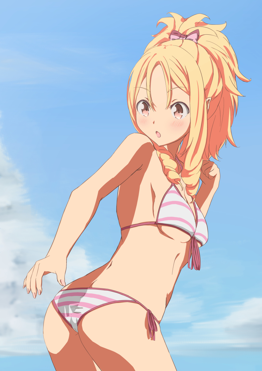 1girl ass bikini blonde_hair blue_sky blush bow breasts brown_eyes contrapposto cowboy_shot day drill_hair eromanga_sensei front-tie_bikini front-tie_top hair_bow highres looking_down medium_breasts open_mouth outdoors pointy_ears ponytail ringlets side-tie_bikini sideboob sky solo sonri striped striped_bikini swimsuit twin_drills twisted_torso under_boob yamada_elf