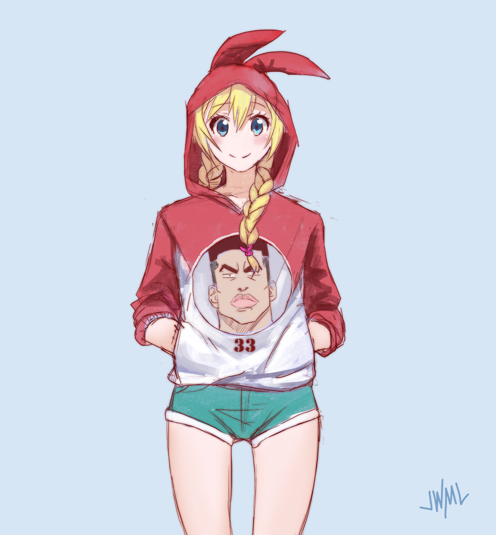 10s 1girl animal_hood blonde_hair blue_background blue_eyes blush braid bunny_hood character_request hands_in_pockets hood hoodie justin_leyva_(steamy_tomato) kirisaki_chitoge long_hair looking_at_viewer nisekoi no_nose short_shorts shorts simple_background smile solo twin_braids