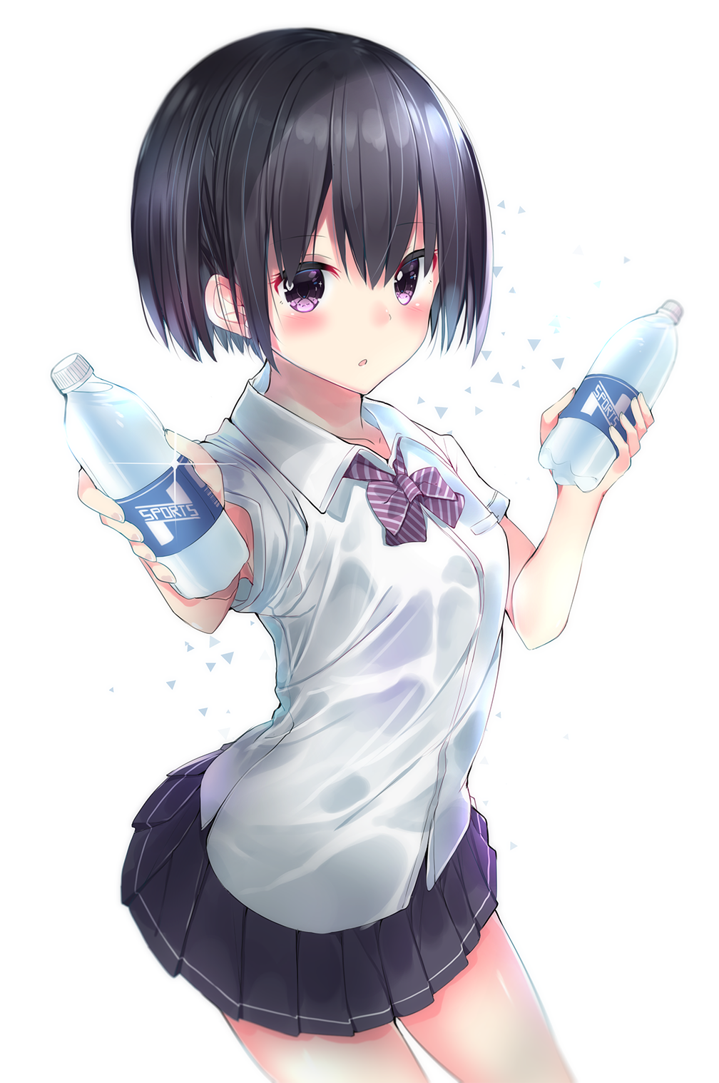 1girl arched_back bangs black_hair black_skirt blush bottle bow bowtie collared_shirt cowboy_shot eyebrows_visible_through_hair highres holding holding_bottle looking_at_viewer neku_(neku_draw) offering_drink original parted_lips pleated_skirt purple_bow purple_bowtie school_uniform see-through shirt short_hair short_sleeves simple_background skirt solo striped striped_bow striped_bowtie violet_eyes white_background white_shirt