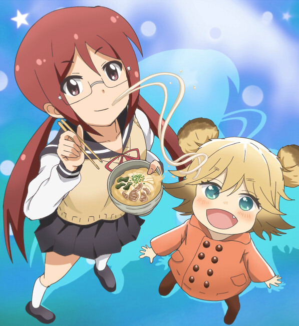 1boy 1girl animal_ears banboro_(technobot) blonde_hair brown_eyes child chopsticks crossover fang food from_above glasses gradient_hair green_eyes holding_chopsticks kondou_udonko multicolored_hair noodles open_mouth orange_hair poco_(udon_no_kuni) raccoon_ears school_uniform teekyuu udon udon_no_kuni_no_kiniro_kedamari