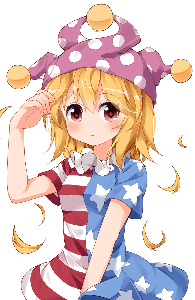 1girl alternate_hair_length alternate_hairstyle american_flag_dress bad_id bad_twitter_id blonde_hair blush closed_mouth clownpiece dress frown hat highres jester_cap neck_ruff polka_dot red_eyes ruu_(tksymkw) short_dress short_hair short_sleeves simple_background solo star star_print striped sweatdrop touhou upper_body white_background