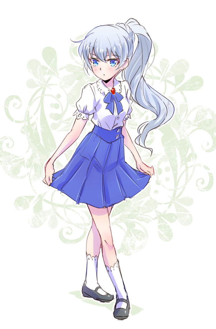 1girl blouse blue_eyes blue_skirt curtsey floral_background iesupa ponytail rwby skirt solo weiss_schnee white_blouse white_hair younger
