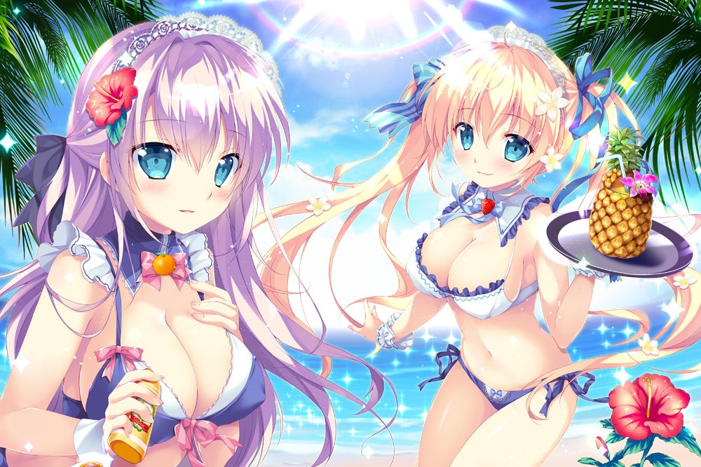 2girls bangs bare_shoulders beach bikini blonde_hair blue_eyes blush breasts cleavage commentary_request day drink drinking_straw eyebrows_visible_through_hair flower frills hair_flower hair_ornament holding large_breasts looking_at_viewer lotion lotion_bottle maid_headdress mikeou multiple_girls navel ocean outdoors palm_tree purple_hair shiny side-tie_bikini sky smile sunlight swimsuit tray tree twintails wrist_cuffs