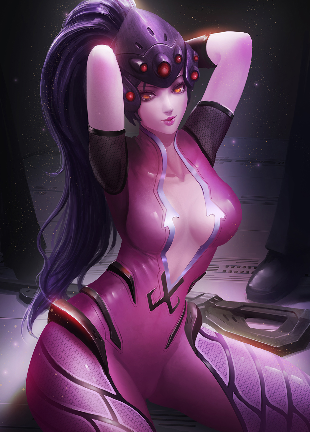 1girl bodysuit center_opening head_mounted_display highres kaze_no_gyouja light_smile lips long_hair looking_at_viewer overwatch pink_bodysuit pink_skin ponytail purple_hair sitting solo_focus widowmaker_(overwatch) yellow_eyes