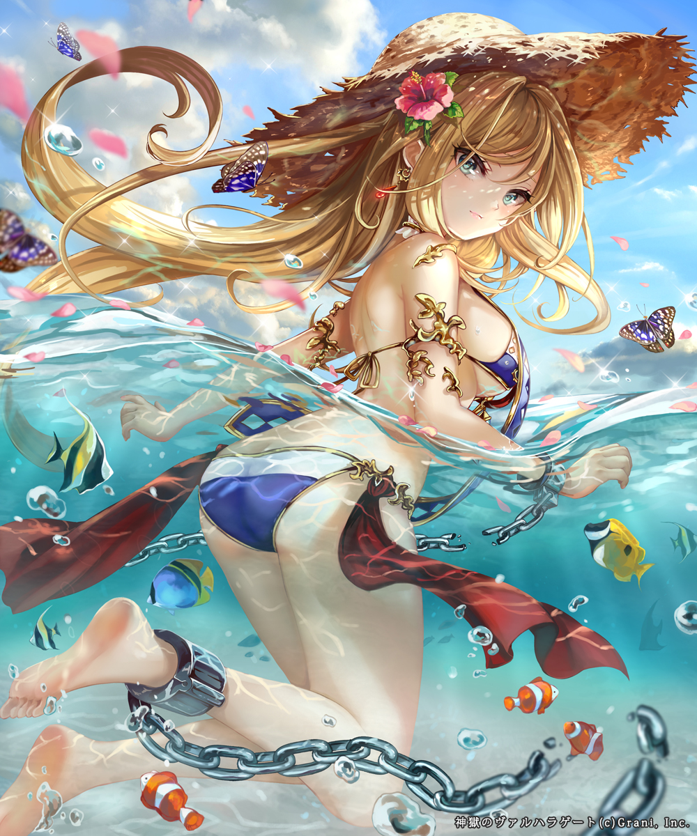 1girl ass bare_shoulders bikini blonde_hair blue_eyes breasts butterfly chains earrings flat_chest highres jewelry long_hair looking_at_viewer official_art partially_submerged pisuke shingoku_no_valhalla_gate sideboob solo swimsuit