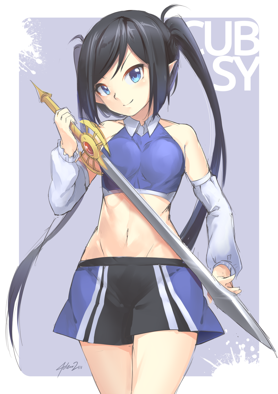 1girl black_hair blue_eyes blush breasts highres holding holding_sword holding_weapon large_breasts long_hair looking_at_viewer mystic-san navel original pointy_ears smile solo sword twintails weapon