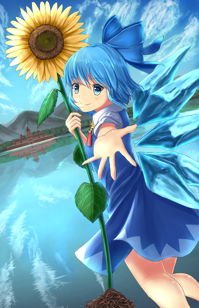 1girl blue_dress blue_eyes blue_hair blue_sky cirno clouds day dress dutch_angle flower hair_ribbon looking_at_viewer luke_(kyeftss) misty_lake mountain outdoors outstretched_hand puffy_short_sleeves puffy_sleeves reaching_out reflection ribbon scarlet_devil_mansion short_hair short_sleeves sky smile solo sunflower touhou wings