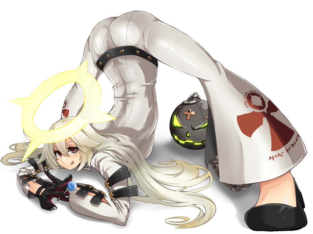1girl :q arched_back blush bodysuit candy food foreshortening gameplay_mechanics gloves guilty_gear guilty_gear_xrd halo jack-o_(guilty_gear) lollipop long_hair looking_at_viewer red_eyes sakura_inu solo spread_legs tongue tongue_out top-down_bottom-up white_hair