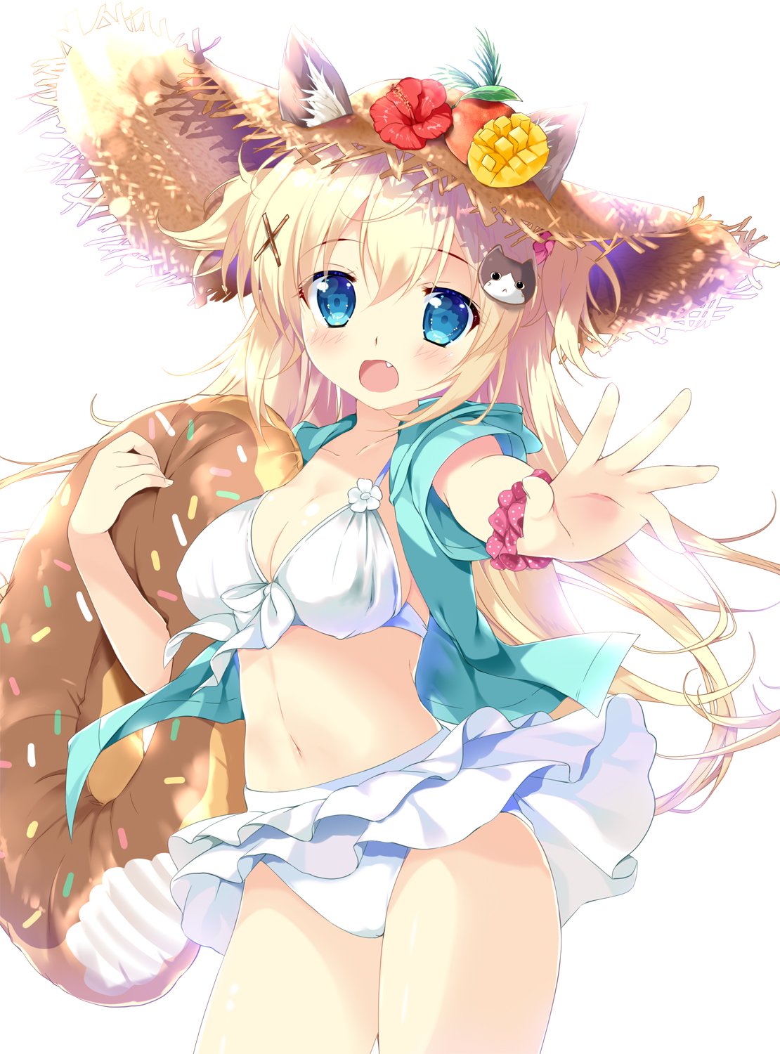 1girl animal_ears bangs bikini bikini_skirt blonde_hair blue_eyes blush collarbone commentary_request eyebrows_visible_through_hair fang flower food front-tie_bikini front-tie_top fruit hair_ornament hairclip hat highres holding innertube jacket long_hair looking_at_viewer mikeou navel open_clothes open_jacket short_sleeves simple_background solo straw_hat sun_hat swimsuit white_background white_bikini wrist_cuffs