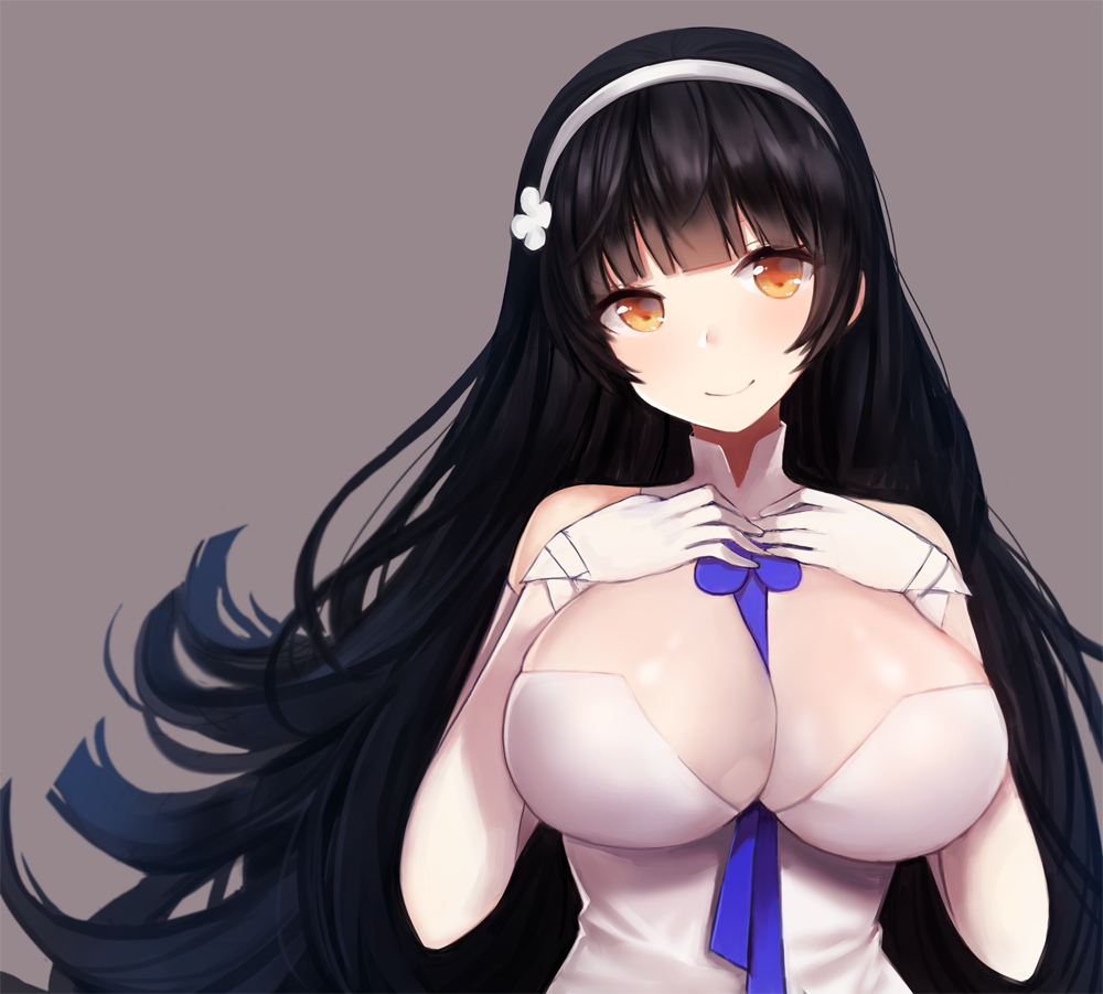 1girl ankkoyom black_hair breasts girls_frontline gloves hairband large_breasts long_hair looking_at_viewer qbz-95_(girls_frontline) simple_background smile solo upper_body white_gloves white_hairband yellow_eyes