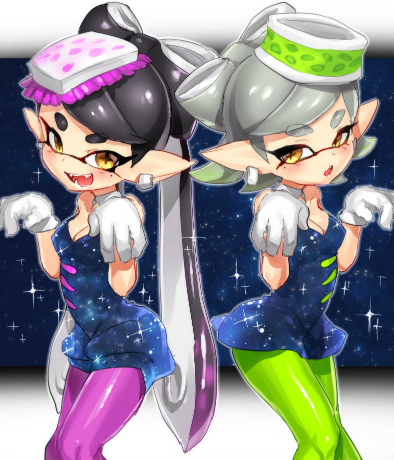 +_+ 2girls aori_(splatoon) black_dress black_hair black_jumpsuit breasts brown_eyes cleavage cousins detached_collar domino_mask dress earrings fangs food food_on_head gloves green_legwear grey_hair hotaru_(splatoon) jewelry long_hair looking_at_viewer mask medium_breasts mole mole_under_eye multiple_girls object_on_head open_mouth parted_lips pointy_ears purple_legwear short_dress short_hair short_jumpsuit smile sparkle splatoon squid squid_pose standing strapless strapless_dress sushi suurin_(ksyaro) symmetrical_hand_pose tentacle_hair unitard white_gloves