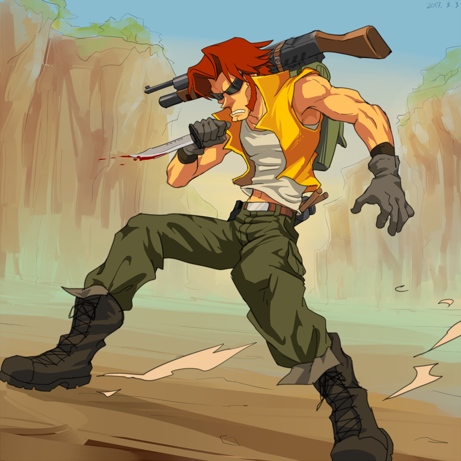 1boy backpack bag blood bloody_knife bloody_weapon boots combat_boots combat_knife cross-laced_footwear day full_body gloves green_pants knife male_focus metal_slug open_clothes open_vest pants redhead sasisage sideburns solo standing sunglasses tank_top tarma_roving vest weapon weapon_on_back
