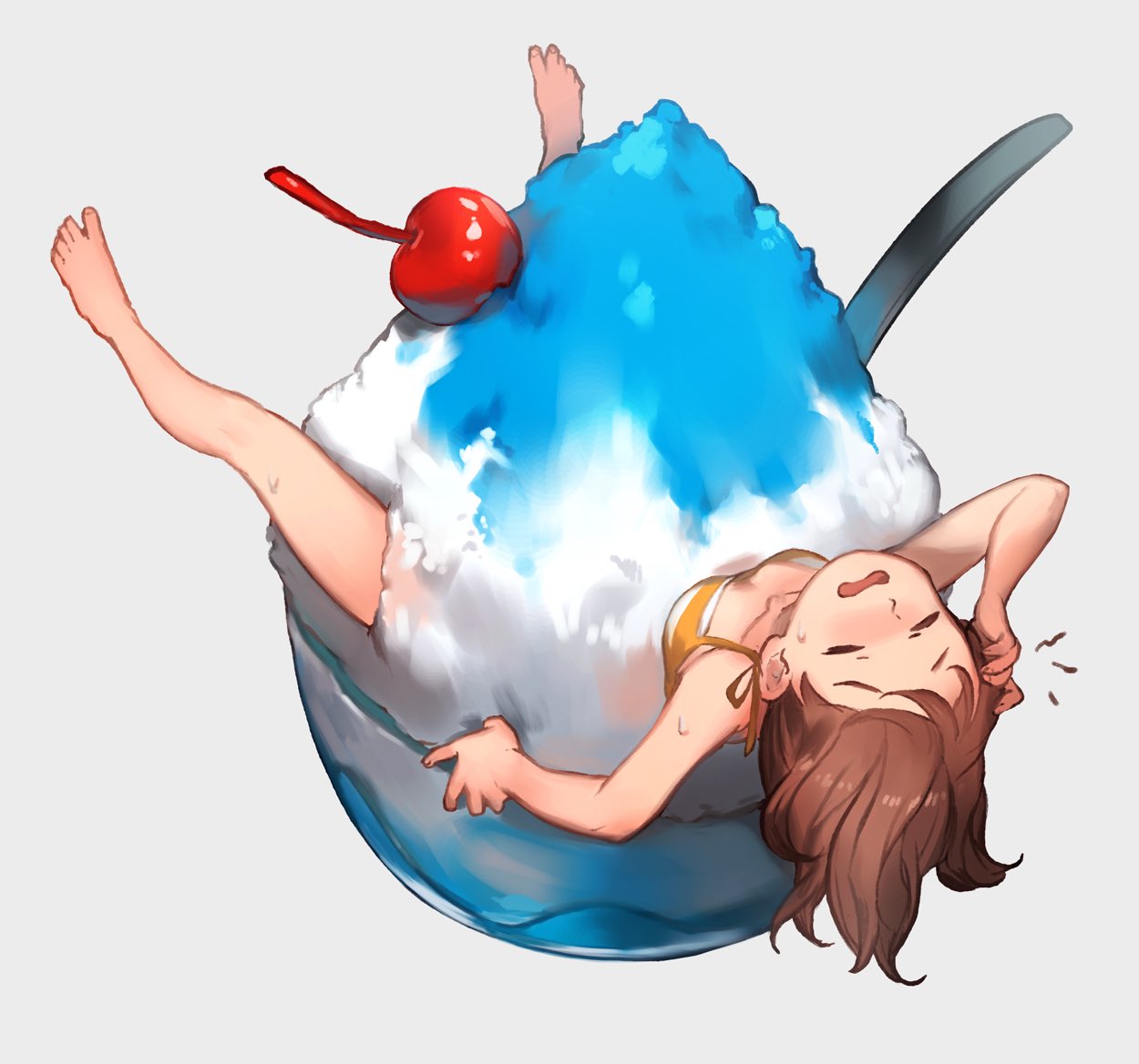 1girl barefoot brain_freeze breasts brown_hair character_request cherry closed_eyes collarbone commentary copyright_request food fruit grey_background hand_on_own_head in_food lee_hyeseung long_hair open_mouth shaved_ice simple_background small_breasts solo wavy_mouth