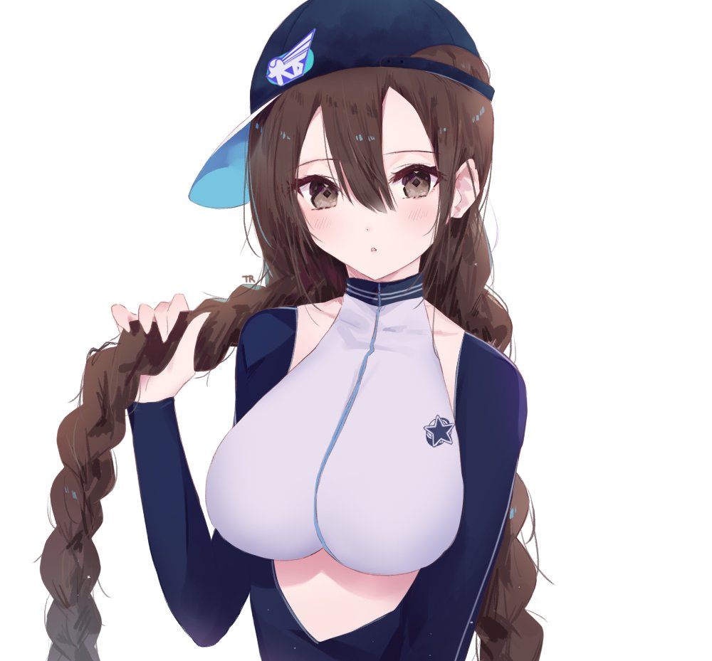 1girl backwards_hat bangs baseball_cap blue_hat blush borrowed_character braid breasts brown_eyes brown_hair crop_top hair_between_eyes halter_top halterneck hat large_breasts long_hair looking_at_viewer original parted_lips rash_guard simple_background solo star tr_(hareru) twin_braids upper_body very_long_hair white_background