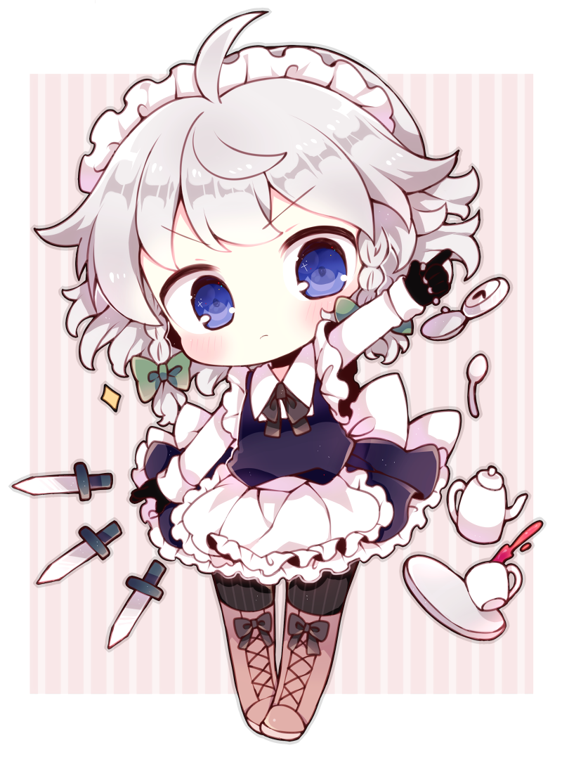 &gt;:&lt; 1girl ahoge apron arm_up beige_background black_gloves black_legwear blue_eyes blush boots bow braid brown_boots chibi closed_mouth cup frilled_apron frills full_body gloves izayoi_sakuya knife kyou_(nekoneko) long_sleeves looking_at_viewer maid maid_apron maid_headdress neck_ribbon outline outside_border pocket_watch ribbon side_braid silver_hair skirt skirt_set solo spoon standing striped teacup teapot touhou tray twin_braids vertical-striped_background vertical_stripes waist_apron watch weapon