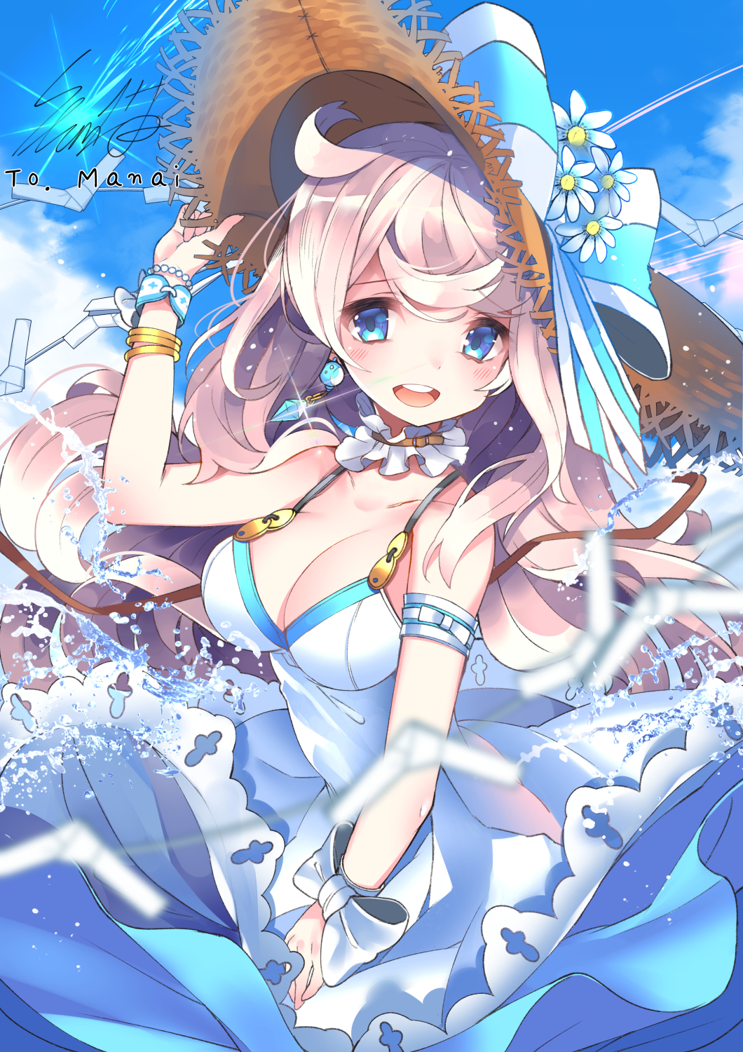 1girl :d ahoge bangs bare_arms bare_shoulders blue_eyes blue_sky blush bracelet breasts choker cleavage cowboy_shot daisy day dress earrings eyebrows_visible_through_hair flower frilled_choker frills hand_on_headwear hat hat_flower hat_ribbon highres jewelry large_breasts light_rays long_hair looking_at_viewer open_mouth original outdoors ribbon round_teeth signature sky sleeveless sleeveless_dress slumcat smile solo splashing straw_hat striped striped_ribbon sun_hat sundress sunlight teeth upper_body water white_choker white_dress white_flower white_hair wind wrist_bow