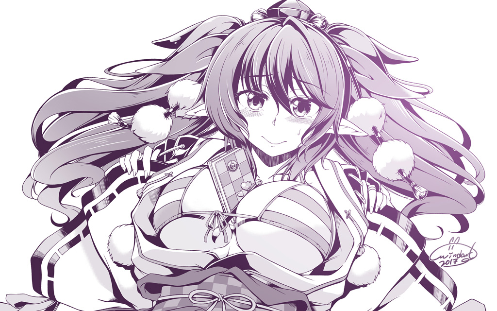 1girl between_breasts blush bra breasts cellphone front-tie_top hat himekaidou_hatate large_breasts long_hair looking_at_viewer monochrome open_clothes open_shirt phone pointy_ears shirt smartphone smile solo striped striped_bra tokin_hat touhou twintails underwear upper_body wide_sleeves windart