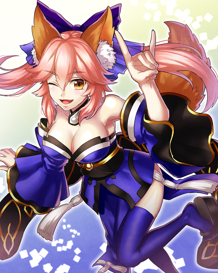 1girl animal_ears blue_legwear blush breasts ciela_88 cleavage detached_sleeves fang fate/extra fate/extra_ccc fate/grand_order fate_(series) fox_ears fox_shadow_puppet fox_tail hair_ribbon japanese_clothes large_breasts long_hair looking_at_viewer open_mouth pink_hair ribbon solo tail tamamo_(fate)_(all) tamamo_no_mae_(fate) yellow_eyes