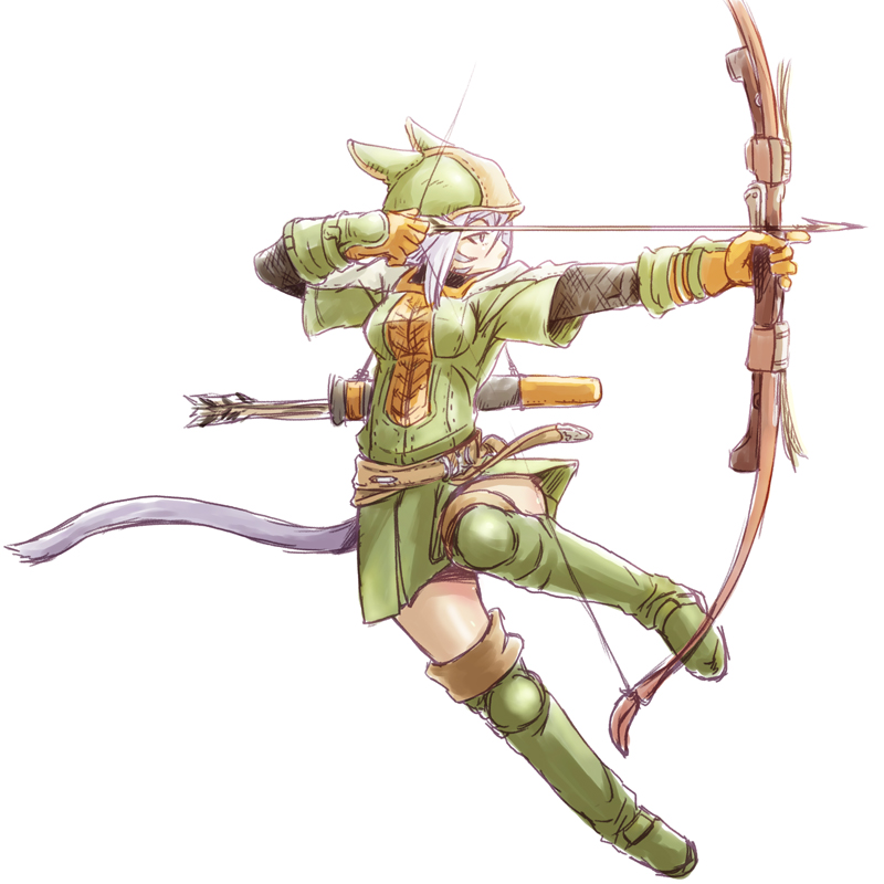 animal_ears archery arrow blue_hair boots bow_(weapon) cat_ears cloak final_fantasy final_fantasy_xiv from_side full_body gloves green_boots green_clothes green_skirt holding holding_bow_(weapon) holding_weapon jumping knee_boots looking_afar looking_to_the_side miqo'te nukomasu quiver short_hair simple_background skirt weapon white_background