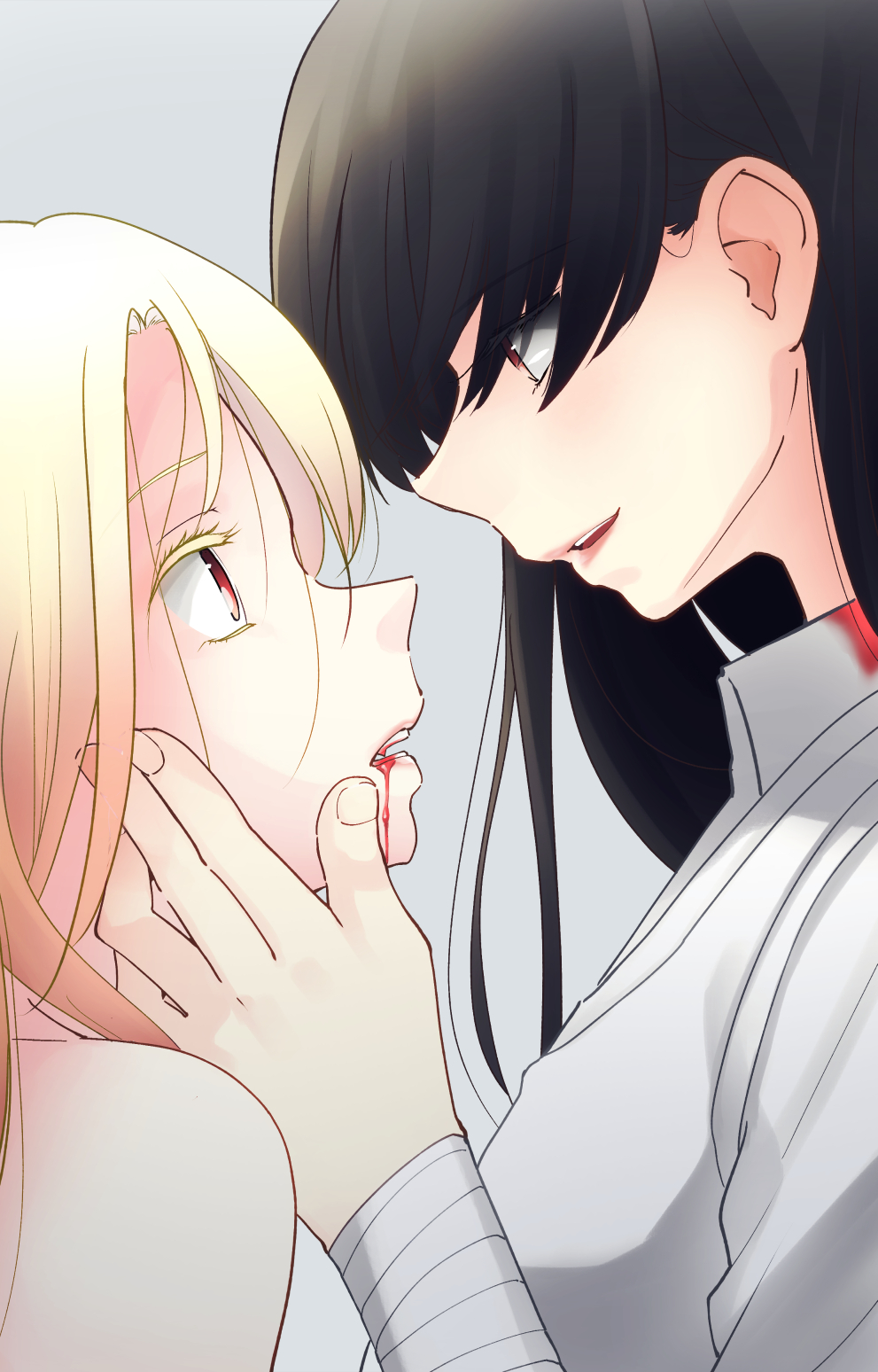 2girls bandage bare_shoulders black_hair blonde_hair blood blood_in_mouth clothed_female_nude_female commentary_request couple eye_contact eyebrows_visible_through_hair eyes_visible_through_hair fang female hand_on_another's_face highres lips long_hair looking_at_another looking_down looking_up multiple_girls neck nude open_mouth original red_eyes round_teeth simple_background smile teeth upper_body vampire yui_7 yuri