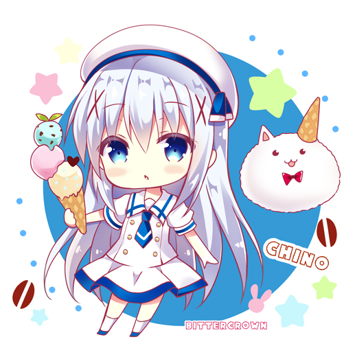 1girl :o angora_rabbit animal artist_name bangs beret bitter_crown blue_eyes blue_necktie blue_shoes blush bow bowtie character_name chestnut_mouth chibi coffee_beans commentary_request dress eyebrows_visible_through_hair food full_body gochuumon_wa_usagi_desu_ka? hair_between_eyes hair_ornament hairclip hat holding holding_food ice_cream ice_cream_cone kafuu_chino light_blue_hair long_hair looking_at_viewer necktie open_mouth rabbit red_bow red_bowtie sailor_collar school_uniform shoes sidelocks standing star tippy two-tone_background very_long_hair white_dress white_hat white_legwear x_hair_ornament