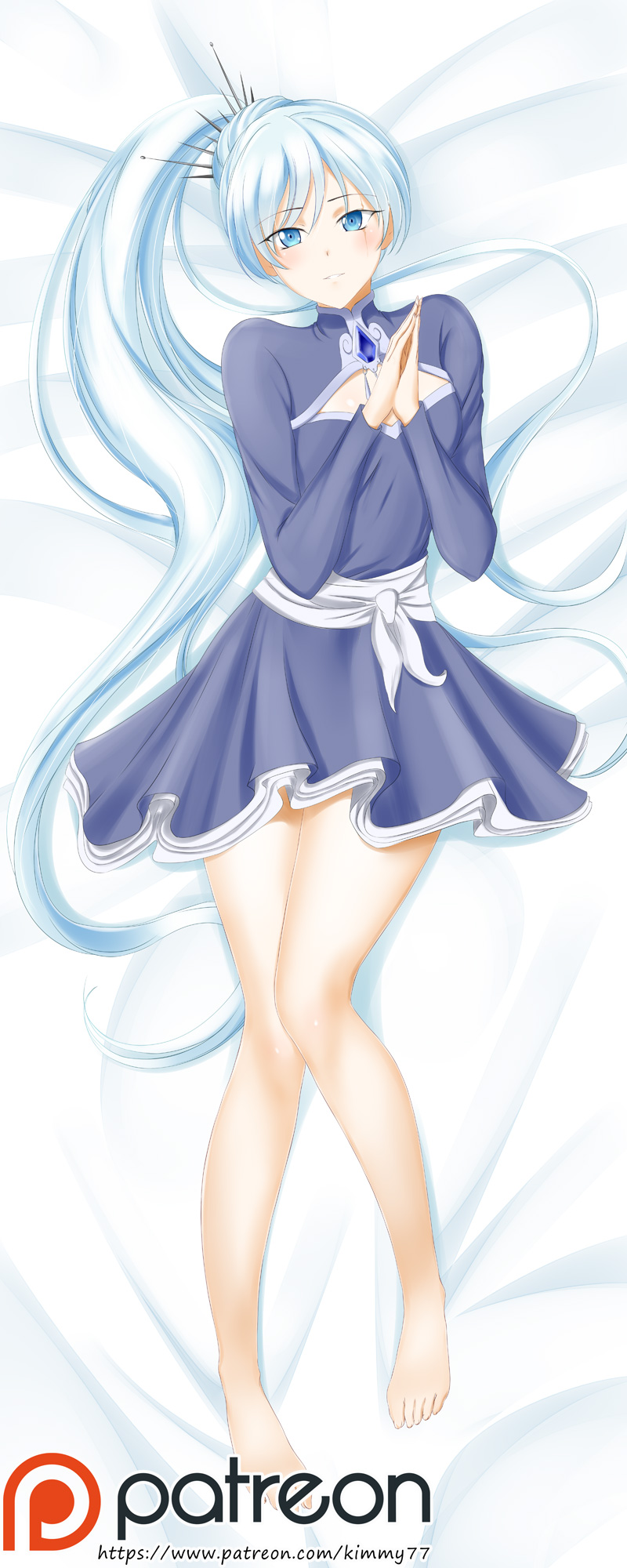 1girl alfred_cullado blue_eyes breasts cleavage_cutout dakimakura dress hands_together high_ponytail highres knees_together_feet_apart long_hair long_ponytail lying on_back patreon_logo rwby silver_hair smile solo tiara watermark web_address weiss_schnee