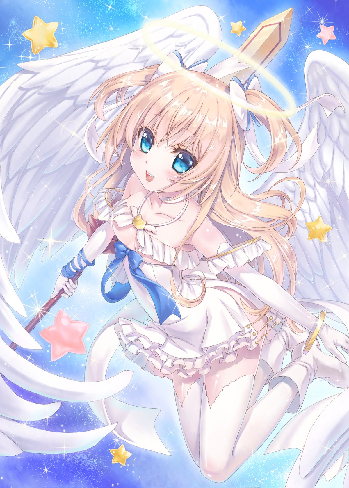 1girl :d blonde_hair blue_eyes boots bow bracelet breasts choker collarbone dress eyebrows_visible_through_hair feathered_wings floating_hair hair_between_eyes hair_bow high_heel_boots high_heels highres holding holding_sword holding_weapon jewelry long_hair open_mouth original short_dress small_breasts smile solo star sword taue_shunsuke thigh-highs two_side_up under_boob very_long_hair weapon white_boots white_bow white_dress white_legwear white_wings wings