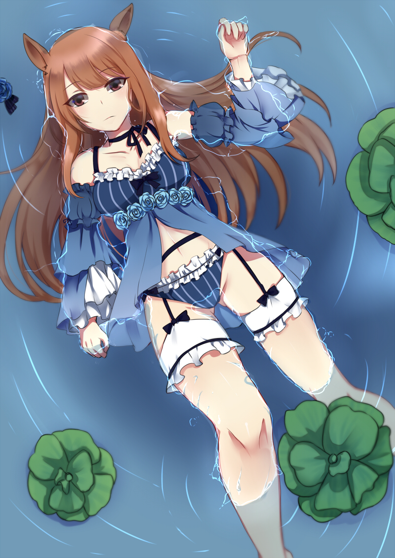 1girl animal_ears bare_shoulders brown_eyes brown_hair choker collarbone detached_sleeves expressionless garter_belt garter_straps garters gluteal_fold lily_pad long_hair mx navel original partially_submerged solo water