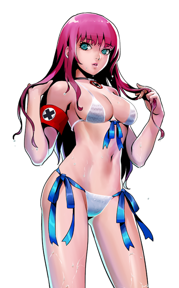 abigail_(metal_slug) alternate_costume armband bikini blue_eyes metal_slug metal_slug_attack official_art pink_hair swimsuit