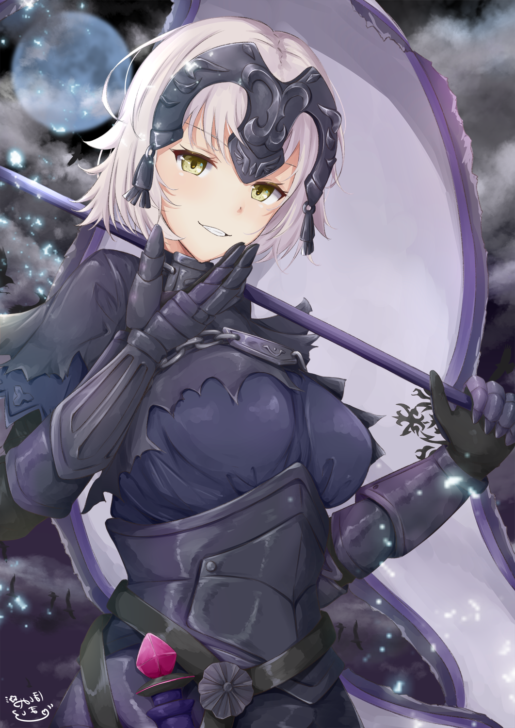 1girl armor armored_dress artist_name bangs bird breasts chains clenched_teeth clouds fate/grand_order fate_(series) flag flagpole full_moon gauntlets grin head_tilt headpiece highres holding holding_weapon hoshimiya_mashiro jeanne_alter large_breasts looking_at_viewer moon night night_sky outdoors ruler_(fate/apocrypha) short_hair signature sky smile solo teeth upper_body weapon white_hair yellow_eyes