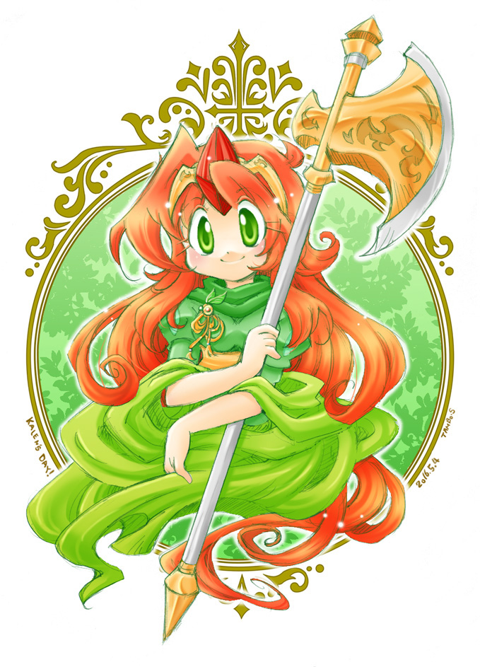 1girl artist_name axe blush character_name curly_hair dated final_fantasy final_fantasy_mystic_quest green_eyes karen_(ffmq) leaf long_hair orange_hair simple_background solo tiara tmbsrky upper_body weapon white_background