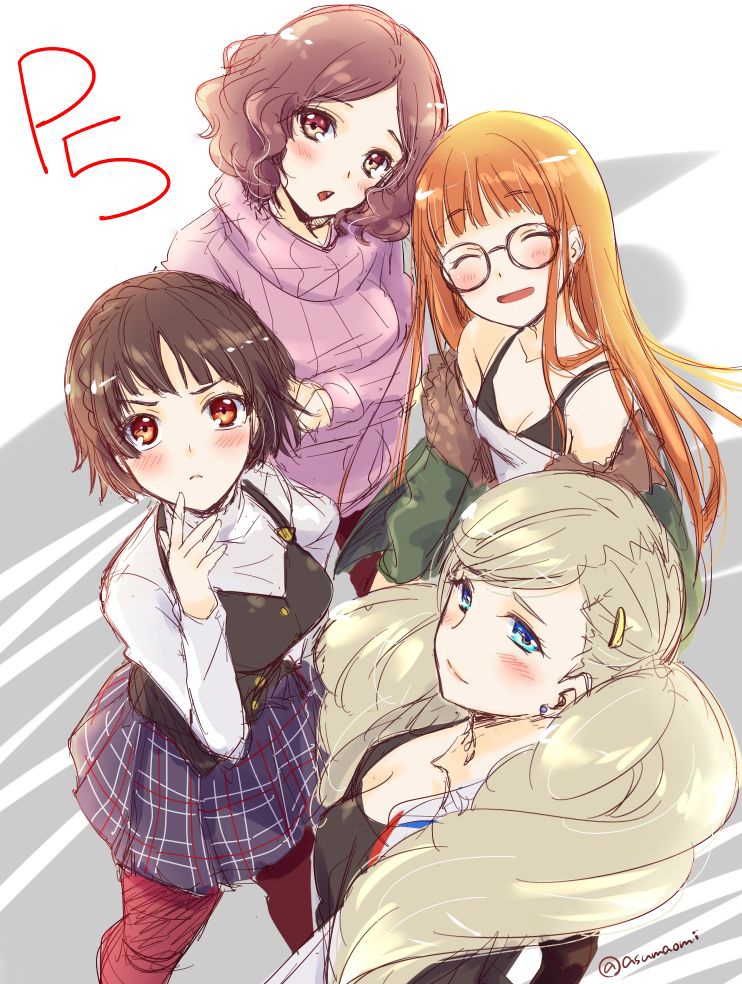 4girls asuma_shin blush group_picture multiple_girls niijima_makoto okumura_haru persona persona_5 sakura_futaba smile takamaki_anne twitter_username