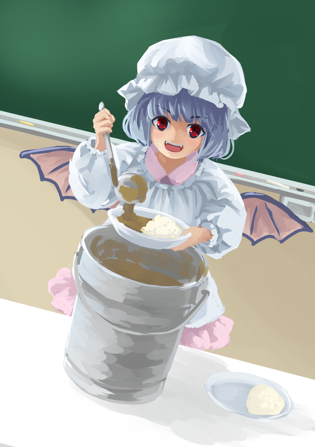 1girl alternate_costume apron bangs bat_wings blue_hair chalk chalkboard classroom commentary_request curry dress dutch_angle fangs food hat highres mob_cap open_mouth perspective pink_dress plate red_eyes remilia_scarlet rice sasurai_no_kuchibuefuki short_hair smile soup_ladle table teeth tongue touhou wings