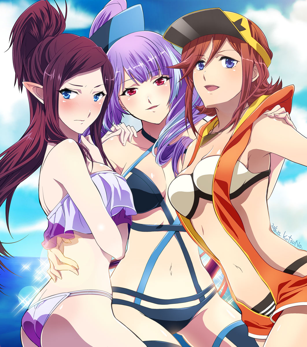 3girls ass bikini blue_bikini blue_eyes blush breasts cleavage dated girl_sandwich highres kaname_buccaneer kutsuno looking_at_viewer macross macross_delta maroon_hair medium_breasts mikumo_guynemer mirage_farina_jenius multicolored_hair multiple_girls navel pointy_ears ponytail purple_hair red_eyes redhead sandwiched smile swimsuit thigh-highs two-tone_hair