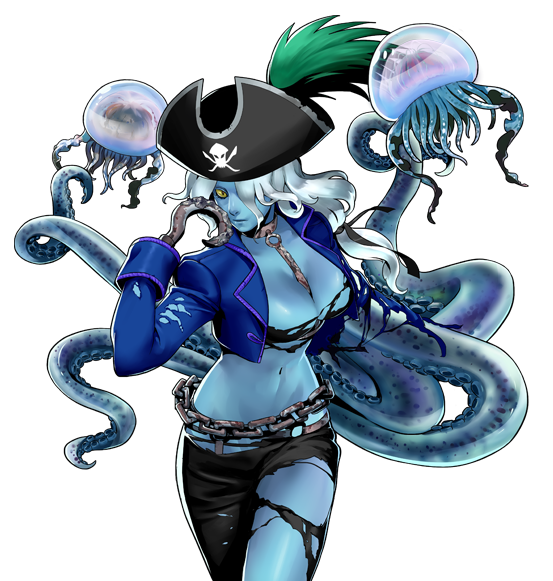 blue_skin elysion_(metal_slug) hat hook_hand jellyfish metal_slug metal_slug_attack official_art pirate pirate_hat tentacle torn_clothes white_hair