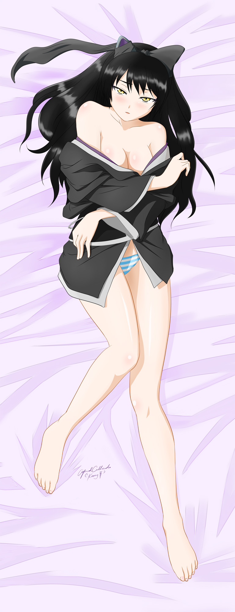 1girl alfred_cullado animal_ears artist_signature bare_shoulders bed_sheet black_bow black_hair blake_belladonna blush bow breasts cat_ears cleavage dakimakura highres japanese_clothes kimono long_hair looking_at_viewer medium_breasts off_shoulder panties partially_undressed rwby solo striped striped_panties thighs underwear yellow_eyes yukata