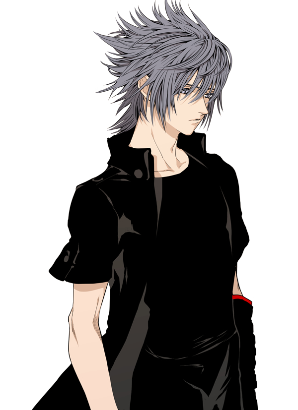 1boy black_clothes black_hair expressionless eyelashes final_fantasy final_fantasy_xv grey_eyes layered_clothing looking_away male_focus noctis_lucis_caelum shirt simple_background single_arm_warmer solo spiky_hair white_background zakki