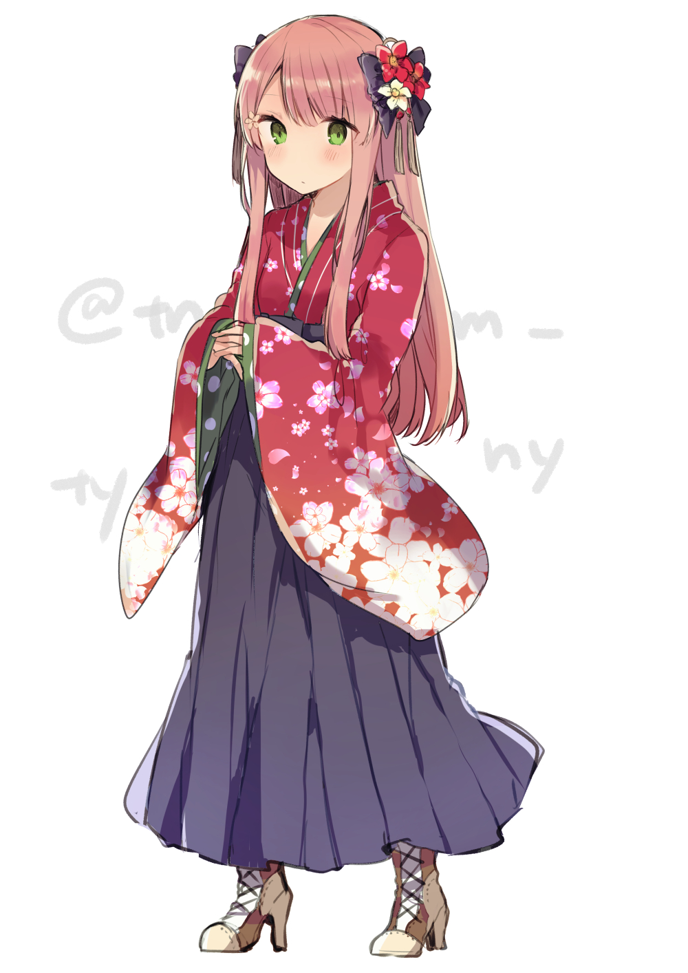 1girl bangs blonde_hair blush boots bow cross-laced_footwear eyebrows_visible_through_hair floral_print flower full_body green_eyes hair_bow hair_flower hair_ornament hakama high_heels highres ikeuchi_tanuma japanese_clothes kimono long_hair long_sleeves looking_at_viewer meiji_schoolgirl_uniform original own_hands_together sidelocks simple_background sleeves_past_wrists solo standing twitter_username white_background wide_sleeves