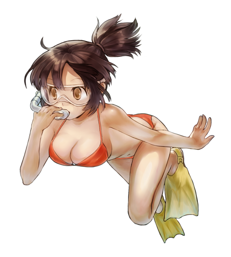 alternate_costume bikini brown_eyes brown_hair fio_germi flippers goggles metal_slug metal_slug_attack official_art ponytail scuba_gear swimsuit