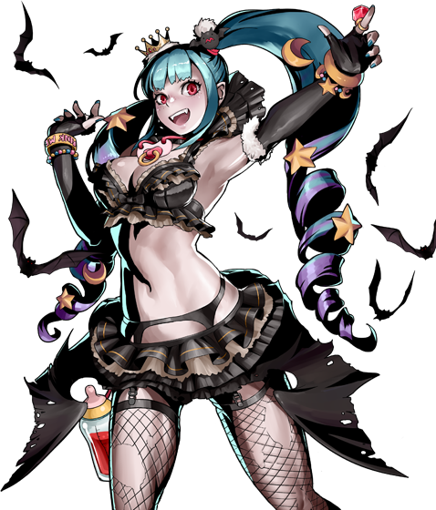 accessories aswang_(metal_slug) bat black_clothes black_legwear blue_hair crown drill_hair fishnets garter_belt metal_slug metal_slug_attack official_art pacifier pale_skin red_eyes twin_drills vampire